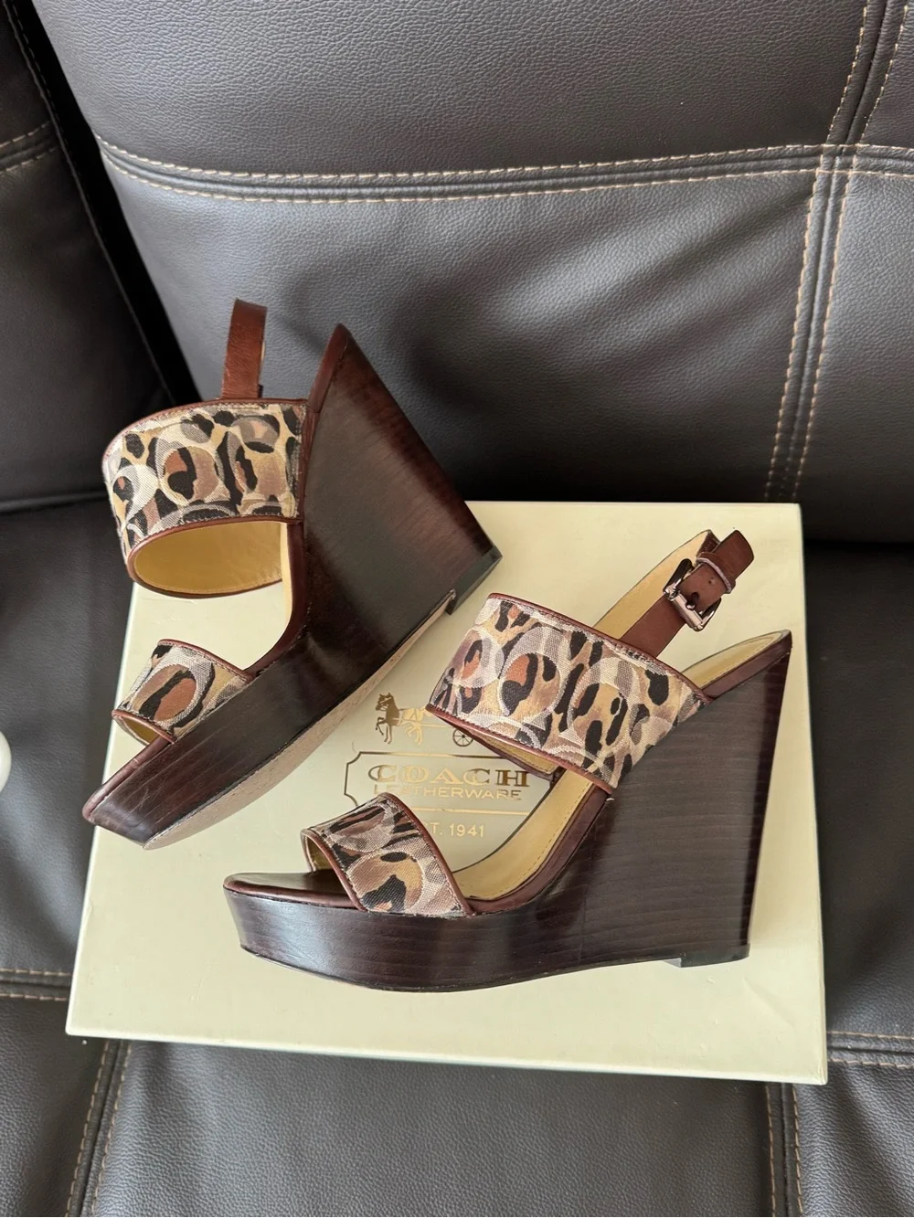 Coach Leopard-Print Leather Slingback Sandals in Brown and Tan